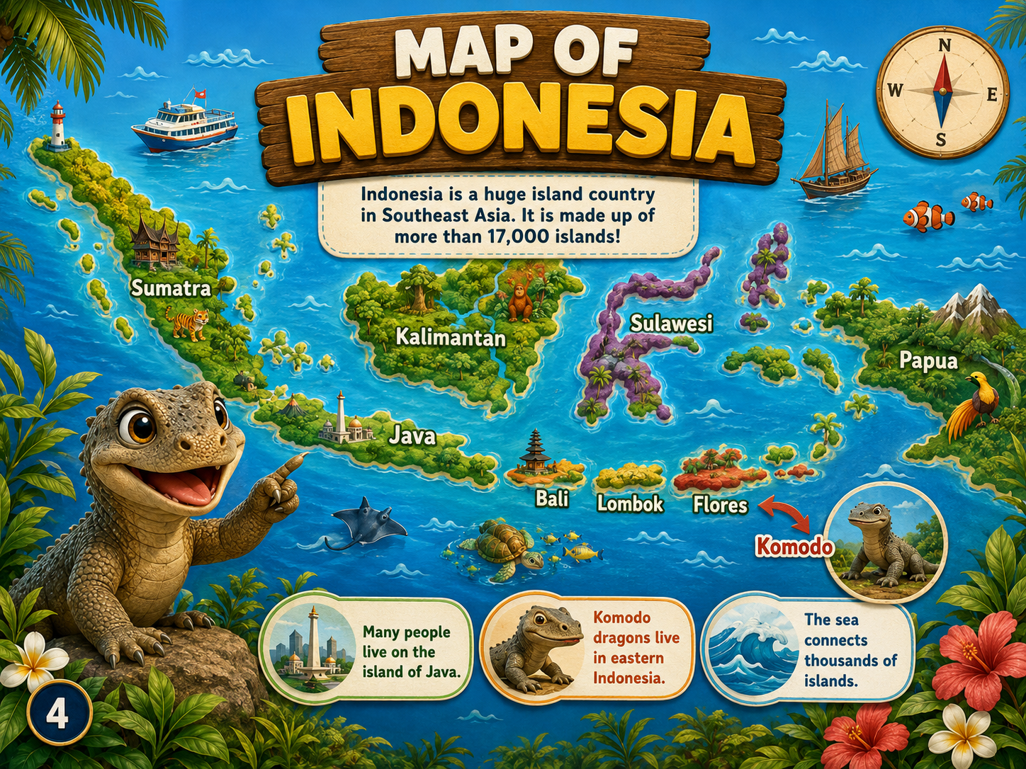 Interior book page showing Komo the Komodo dragon pointing to an illustrated map of Indonesia with Sumatra, Java, Bali, Sulawesi, and Papua labeled