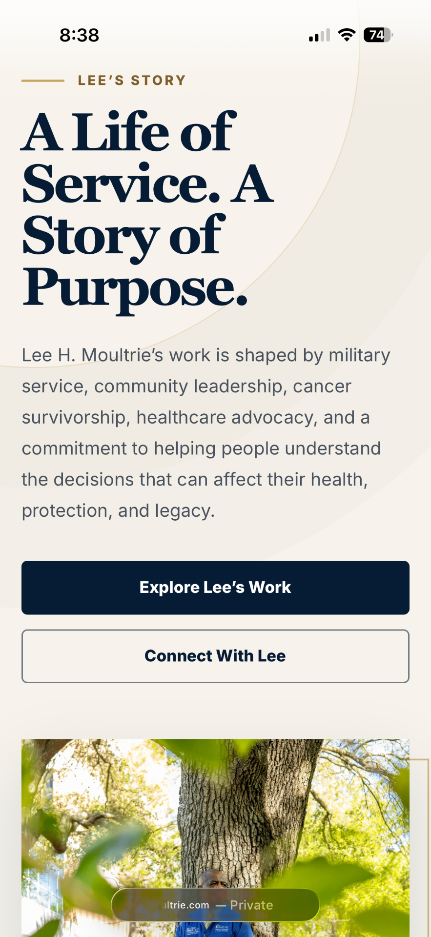 Lee H. Moultrie mobile 'A Life of Service. A Story of Purpose.' page.