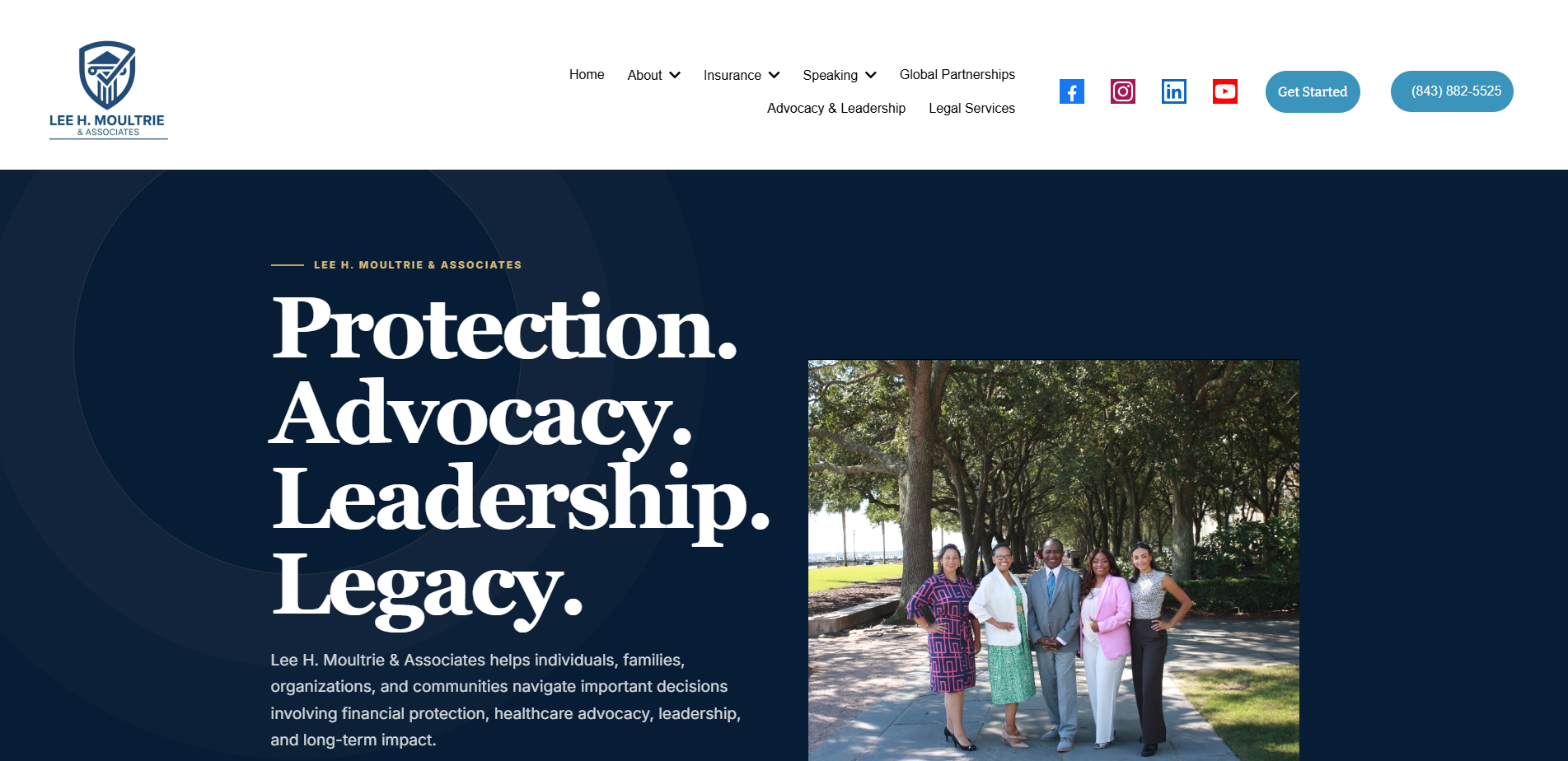 Lee H. Moultrie & Associates website homepage, 'Protection. Advocacy. Leadership. Legacy.' with hero photo of the team.