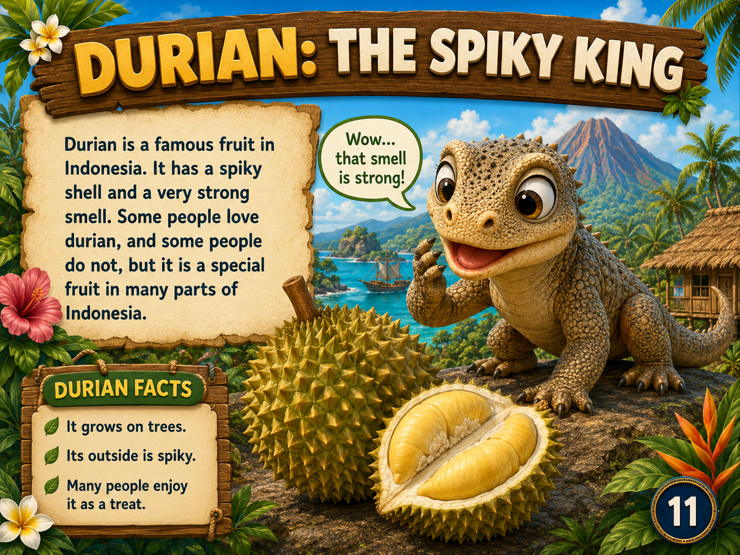 Interior book page about durian fruit, with a short explanation and a list of durian facts alongside an illustration of the fruit