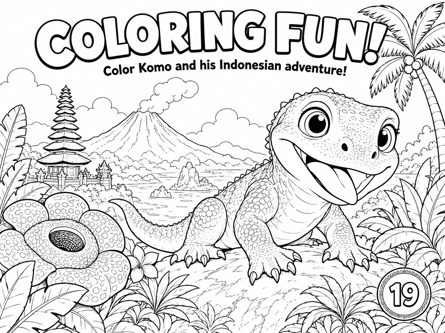 Interior coloring activity page with a line drawing of Komo the Komodo dragon in an Indonesian landscape