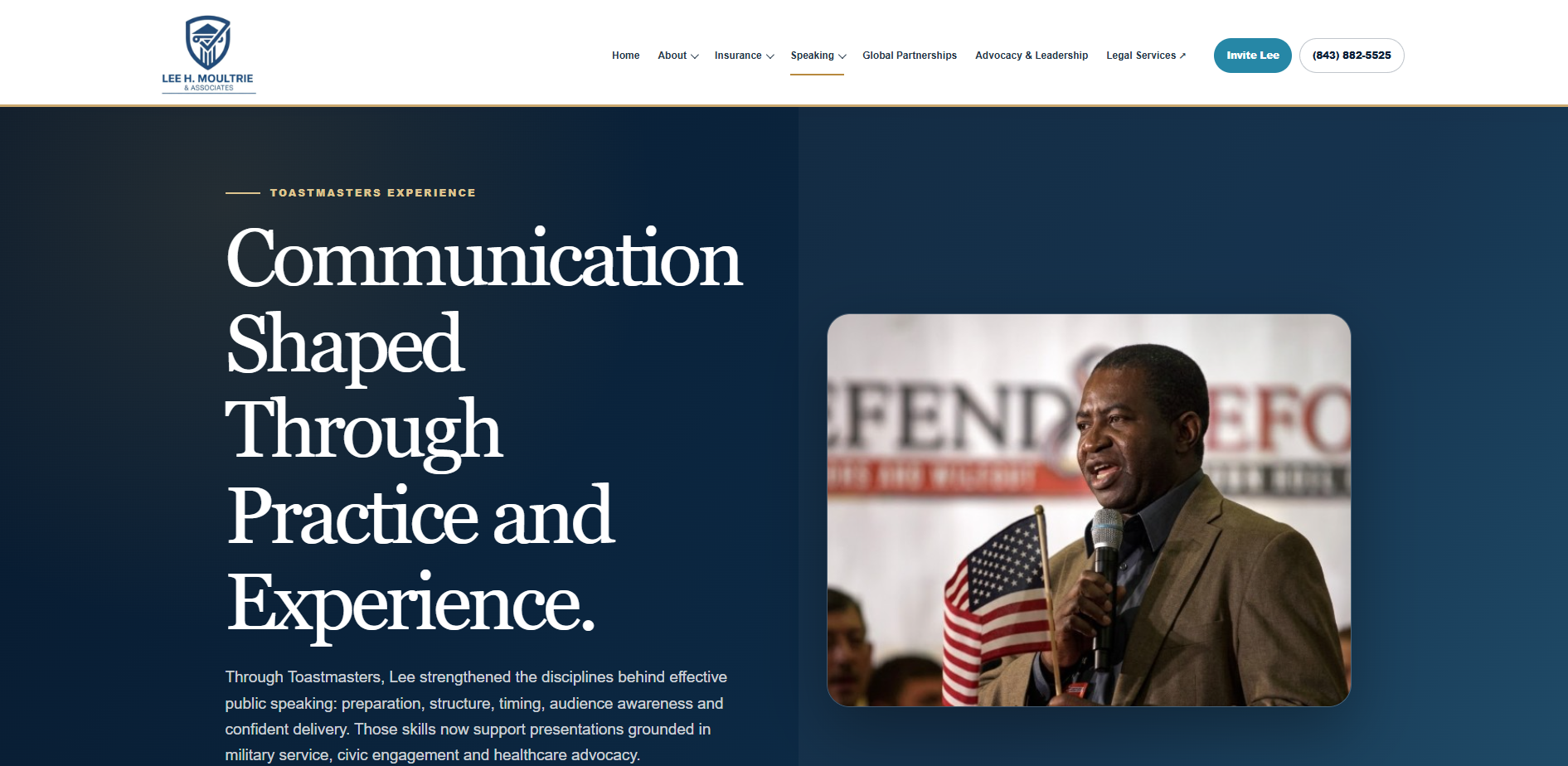 Lee H. Moultrie & Associates Speaking page showing 'Communication Shaped Through Practice and Experience.'